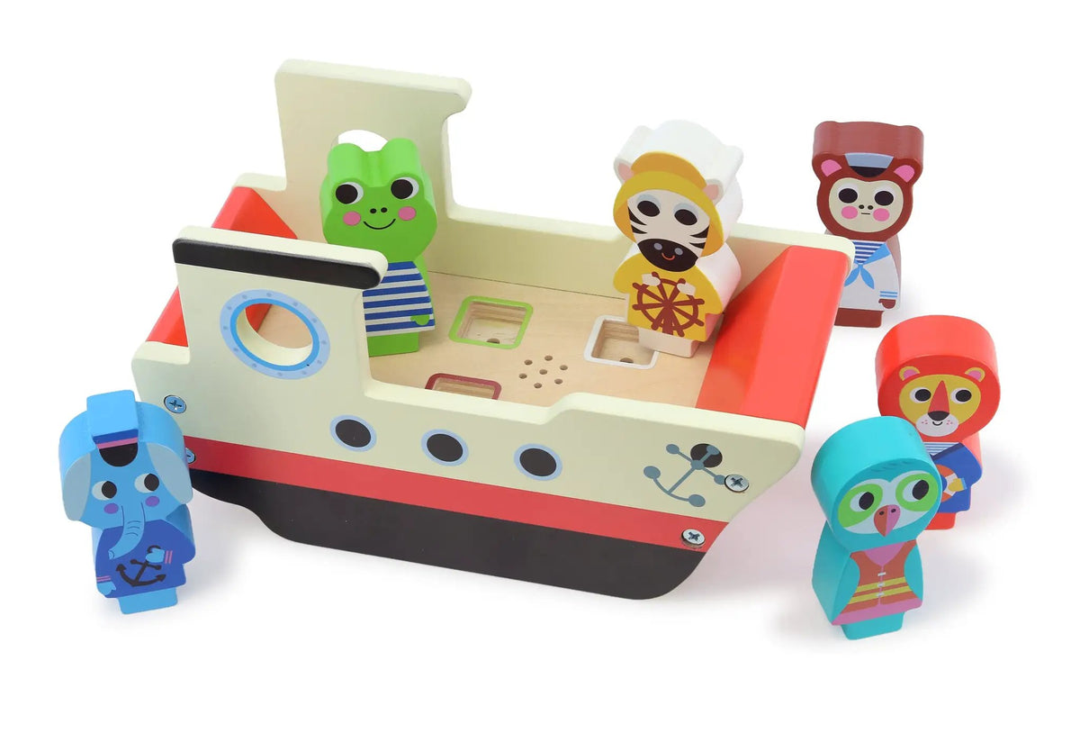 VILAC bateau sonore des animaux en bois multicolore avec figurines pour bébé, jouet d’éveil