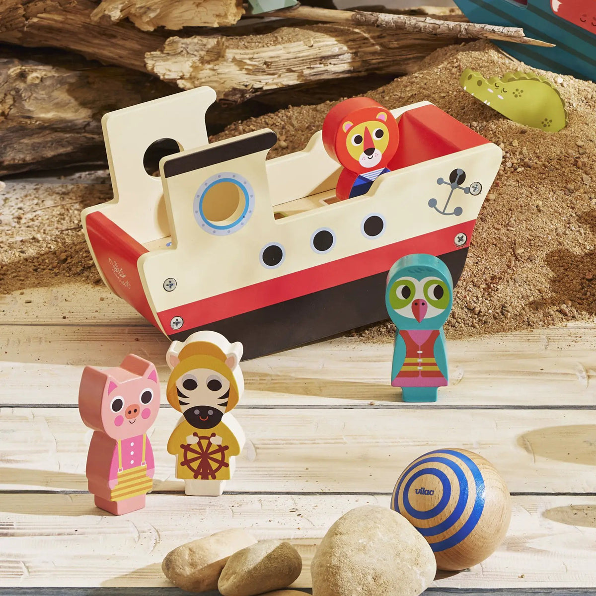 Bateau sonore des animaux en bois par Vilac, jouet d’éveil bébé 18m+