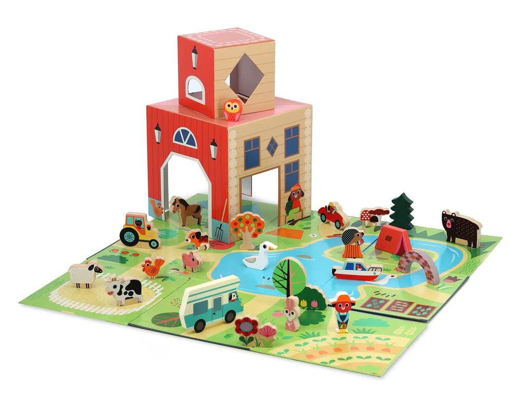 VILAC cube pop up Le plein air by Citron Grenadine; red-beige wooden tower on a colorful outdoor play mat