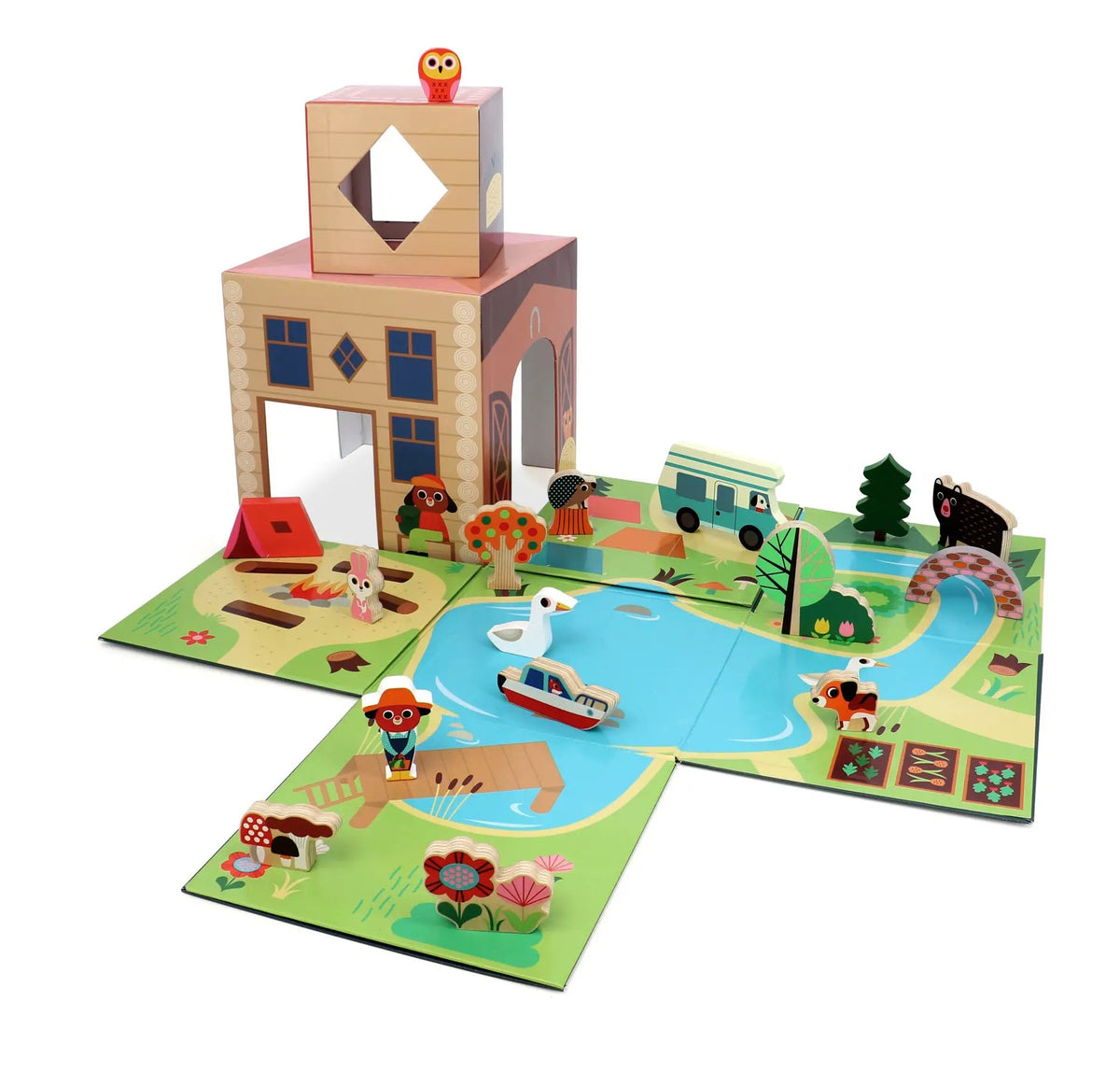 VILAC cube pop up toy by Citron Grenadine; wooden blocks with window cutout and a red owl on top
