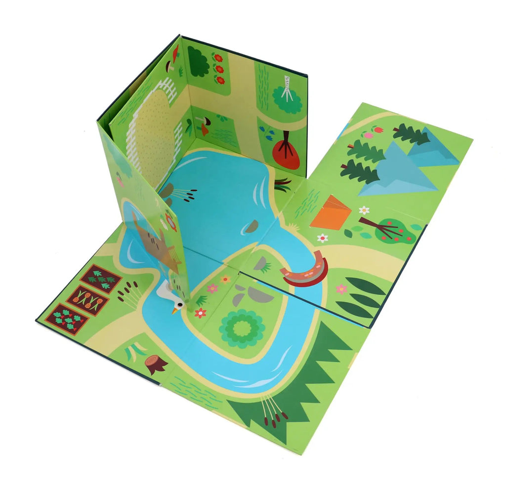VILAC cube pop-up outdoor scene; green park with pond illustrations, Citron Grenadine puzzle