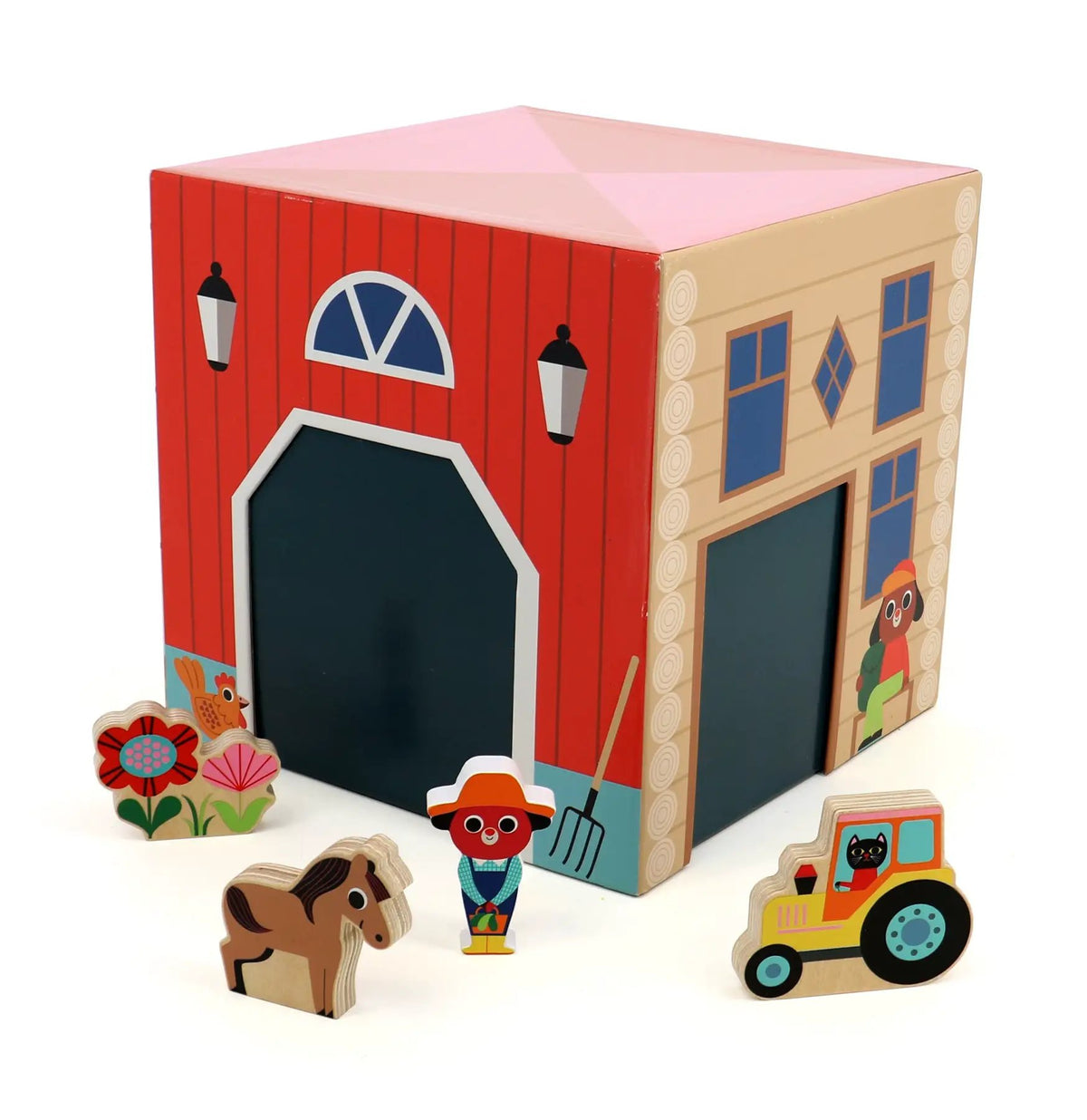 VILAC cube pop up le plein air en bois, rouge et beige, avec personnages; jeu d’assemblage Citron Grenadine.
