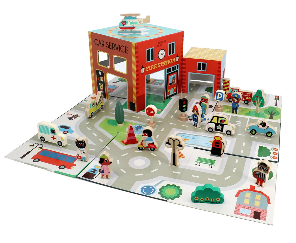 VILAC cube pop up les secours en bois, Citron Grenadine; jeu d’assemblage pour enfants 3 ans+, caserne rouge avec hélicoptère et circuit routier.