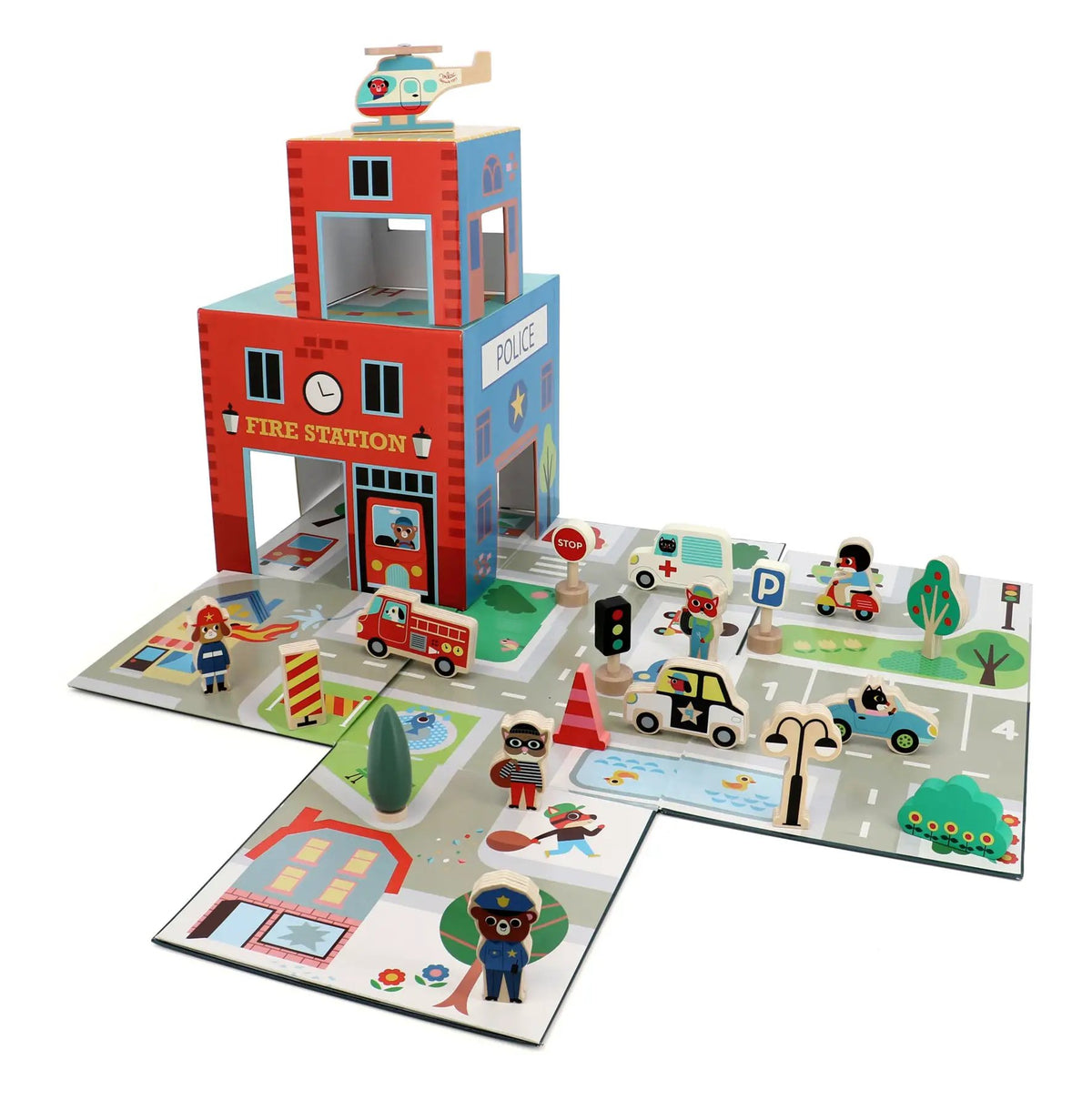 VILAC cube pop up les secours, jeu dassemblage en bois avec tour rouge et bâtiment bleu, hélicoptère et figurines