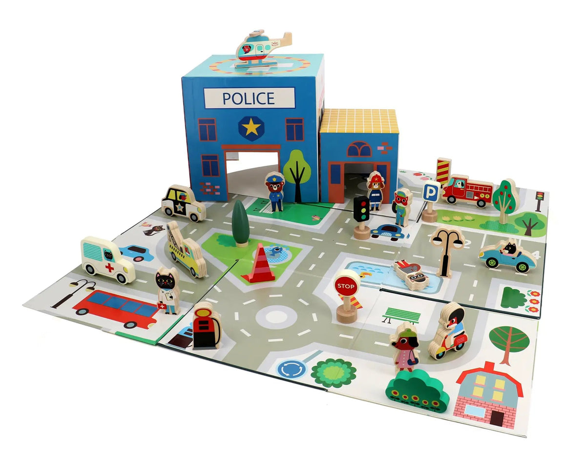 VILAC cube pop up les secours Citron Grenadine – police station avec hélicoptère et routes