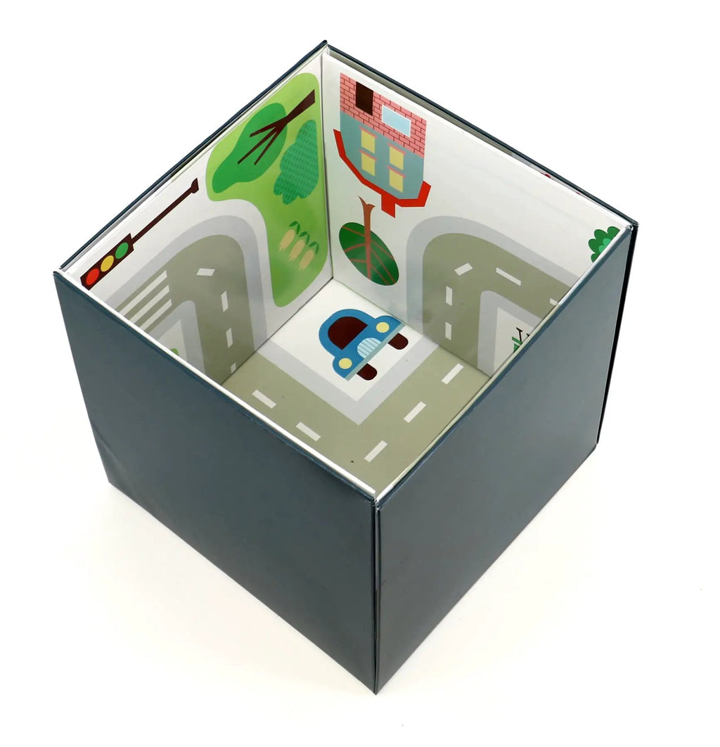 Cube pop-up VILAC; jeu d’assemblage pour enfants 3 ans et plus, intérieur ville coloré avec voiture bleue