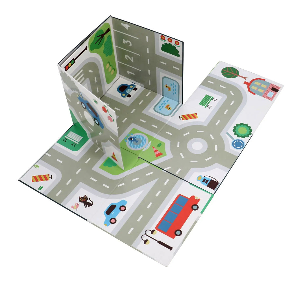 VILAC cube pop up les secours playset; fold-out road map with cars, buildings and trees for ages 3+