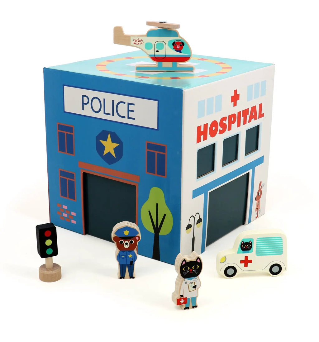 VILAC cube pop up les secours bleu: jeu d’assemblage hospitalier, Citron Grenadine, dès 3 ans