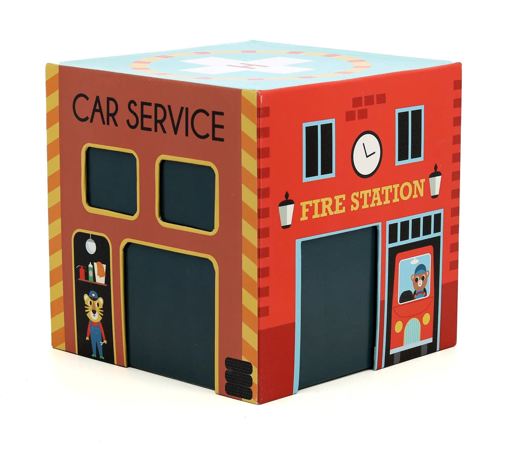 VILAC cube pop up les secours by Citron Grenadine; red fire-station themed box with windows
