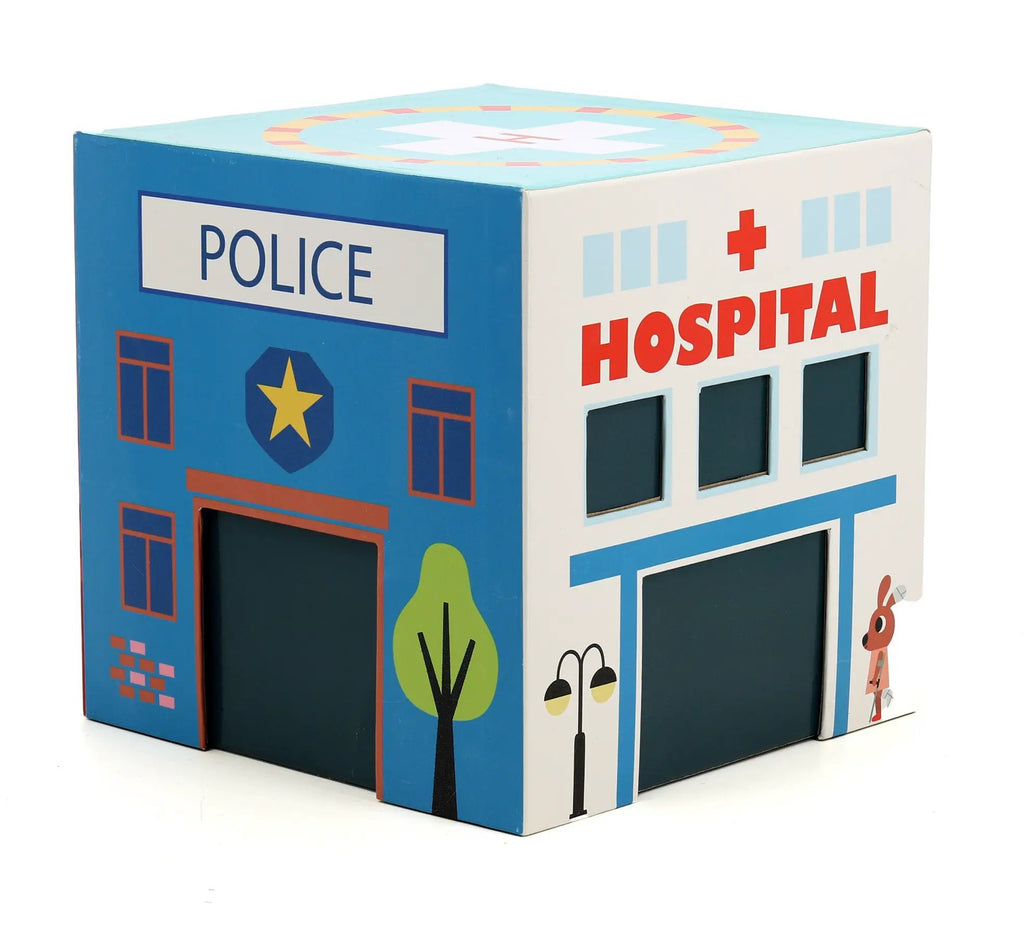 VILAC cube pop up les secours 3ans+; Citron Grenadine, jeu d’assemblage bleu thème police et hôpital