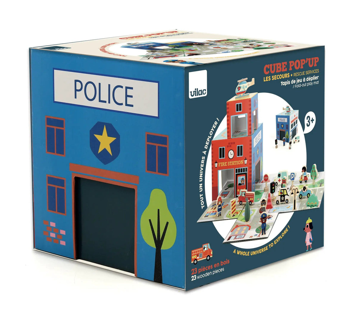 VILAC cube pop up les secours 3ans+, police-themed assemble-and-explore play set with 23 wooden pieces.