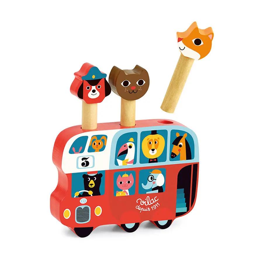 Pop-up autobus Vilac 18m+ en bois rouge, jouet d'activité avec 3 têtes d'animaux sur tiges et logo Vilac