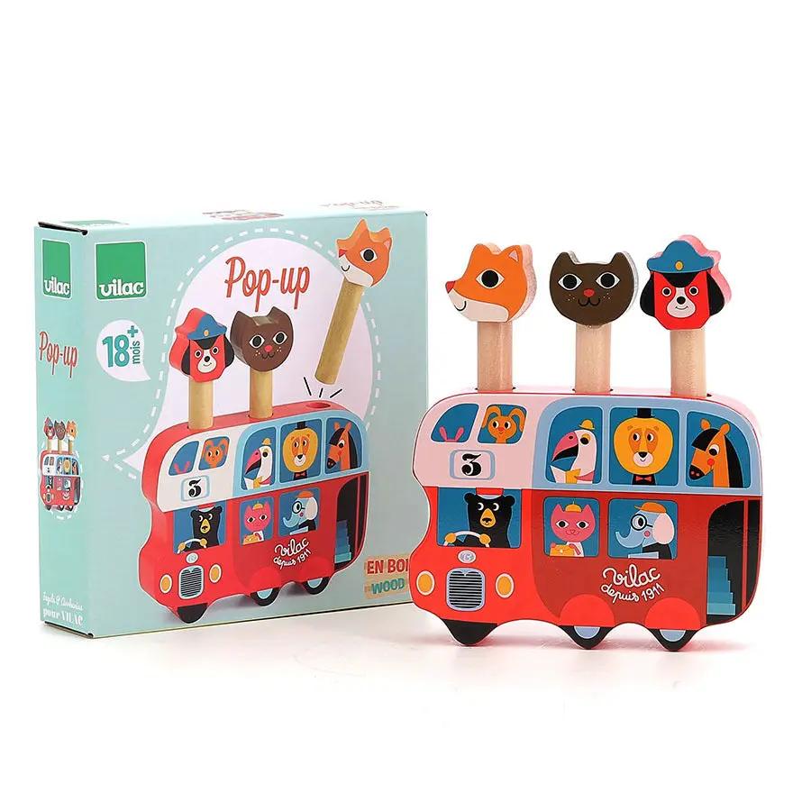 Vilac pop-up bus toy, 18m+, red wooden activity vehicle with four animal-headed pegs on top