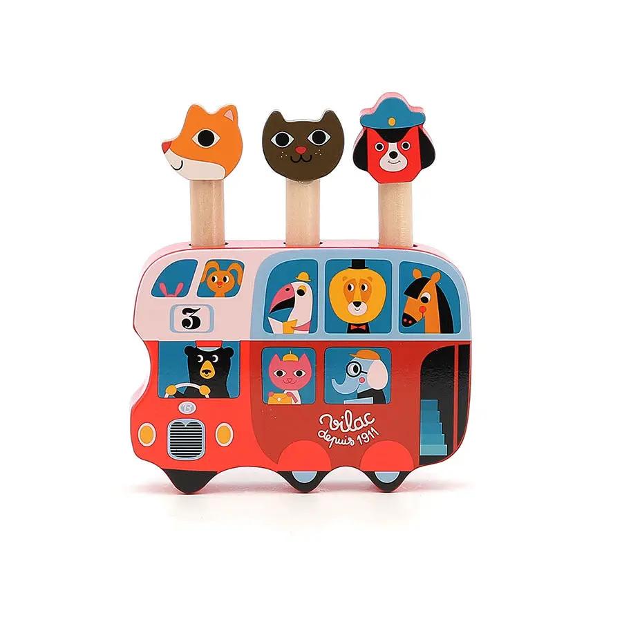 VILAC pop-up autobus 18m+ with three animal head toppers on a colorful red bus
