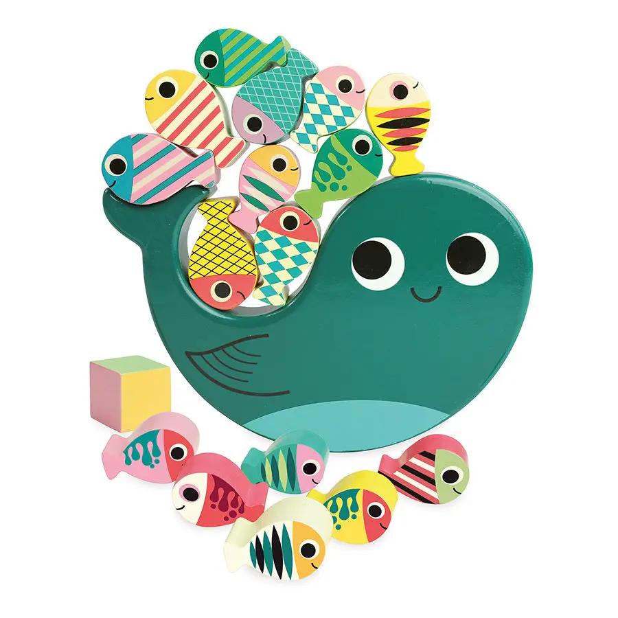 VILAC jeu d'équilibre Whaly: baleine verte et poissons colorés, pour 4 ans+, Citron Grenadine