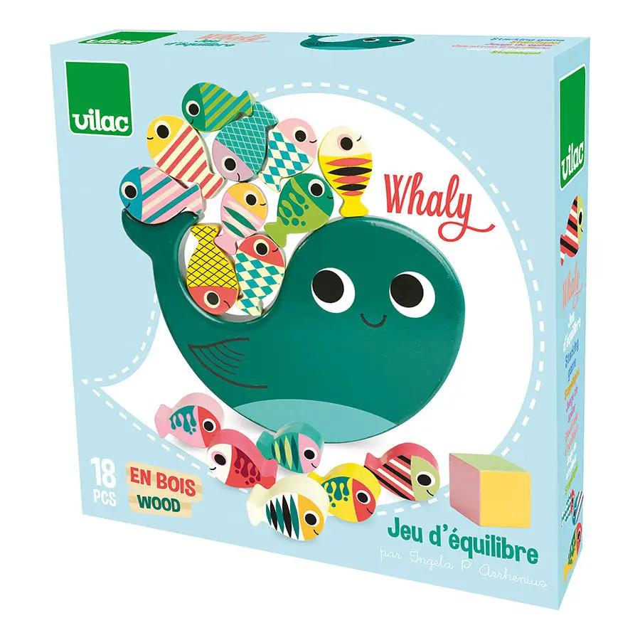 Vilac jeu d'équilibre Whaly en bois pour enfants 4 ans et plus, baleine verte et poissons colorés.