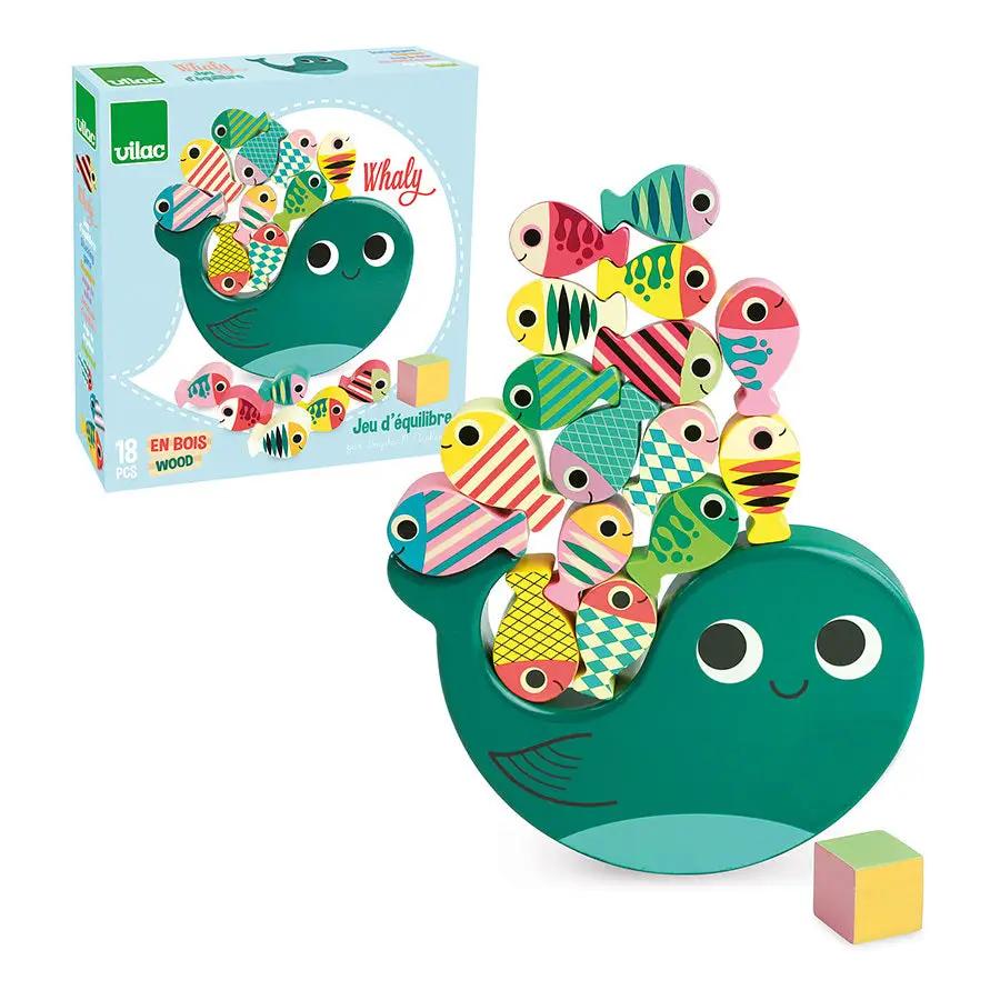 Vilac jeu d'équilibre Whaly en bois: baleine verte avec poissons multicolores et dé, 18 pièces, pour 4 ans et plus