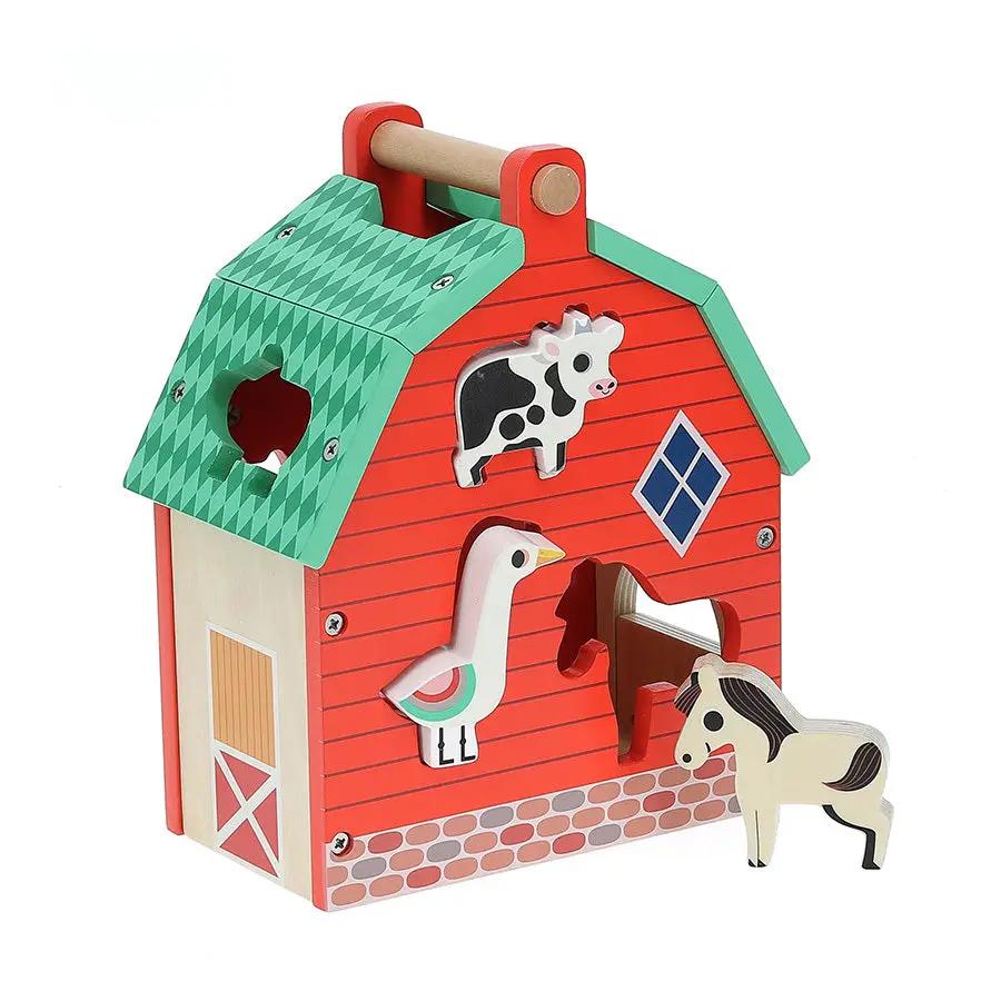 VILAC ma belle ferme des formes en bois; ferme rouge avec toit vert et 3 animaux (vache, cheval, oiseau)