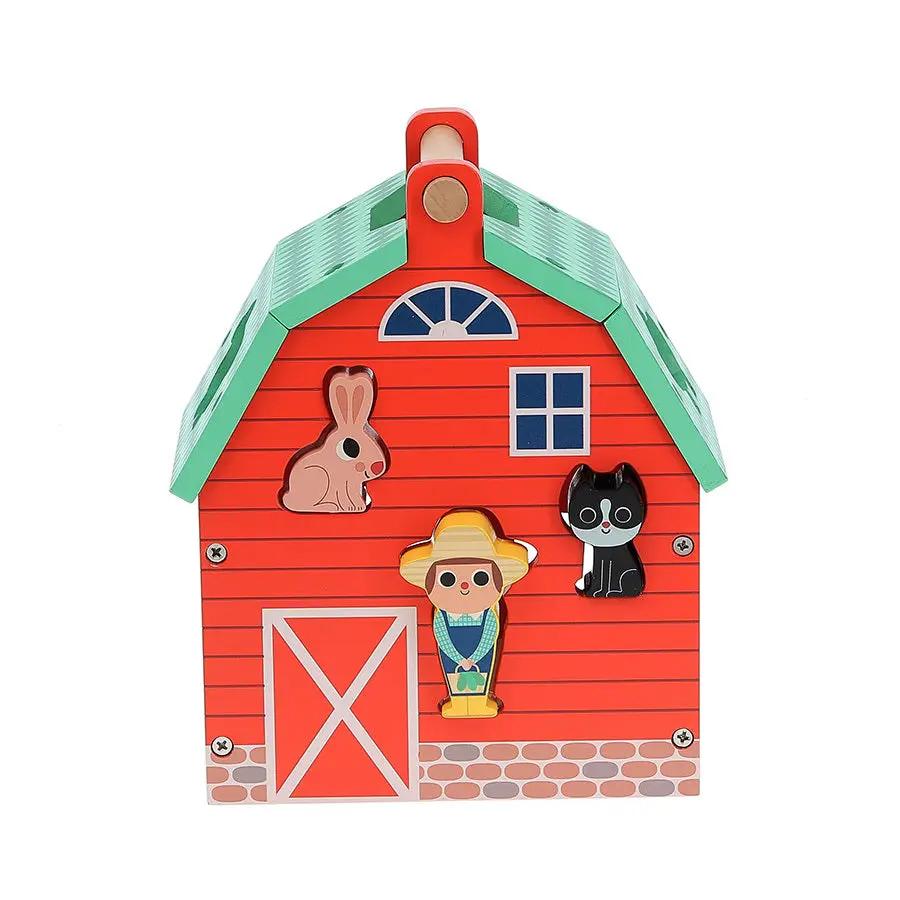 VILAC ma belle ferme des formes 24m+ en bois, jouet éducatif Citron Grenadine avec 3 figurines lapin chat et fermier.