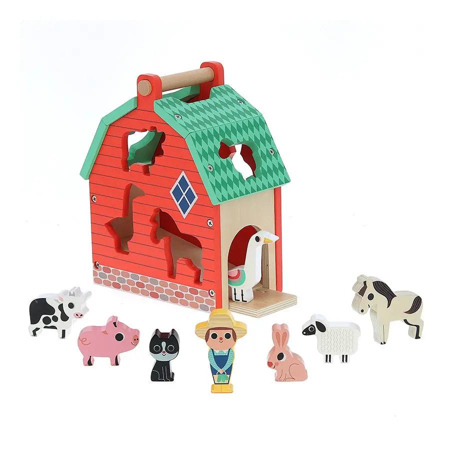 VILAC Ma Belle Ferme des Formes en bois, ferme rouge à toit vert avec figurines animales