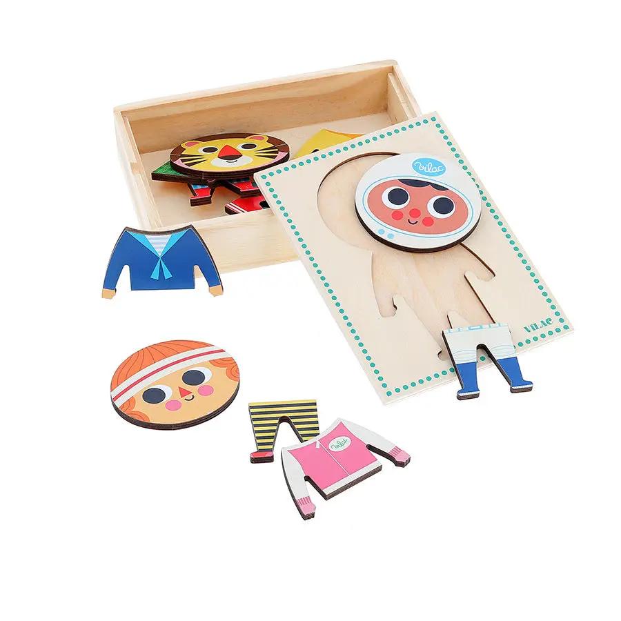 VILAC wooden dress-up puzzle set with multicolored character pieces and storage box