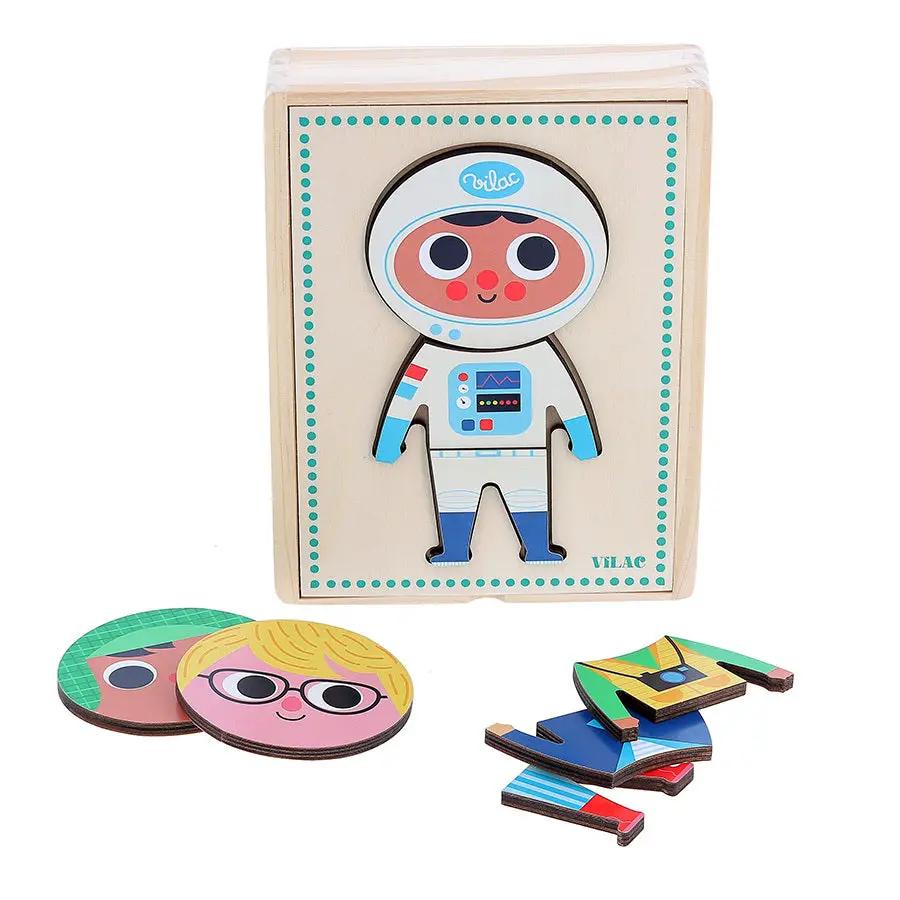 VILAC Jules à habiller puzzle en bois – encastrement, astronaute avec 2 visages et tenues colorées, Citron Grenadine