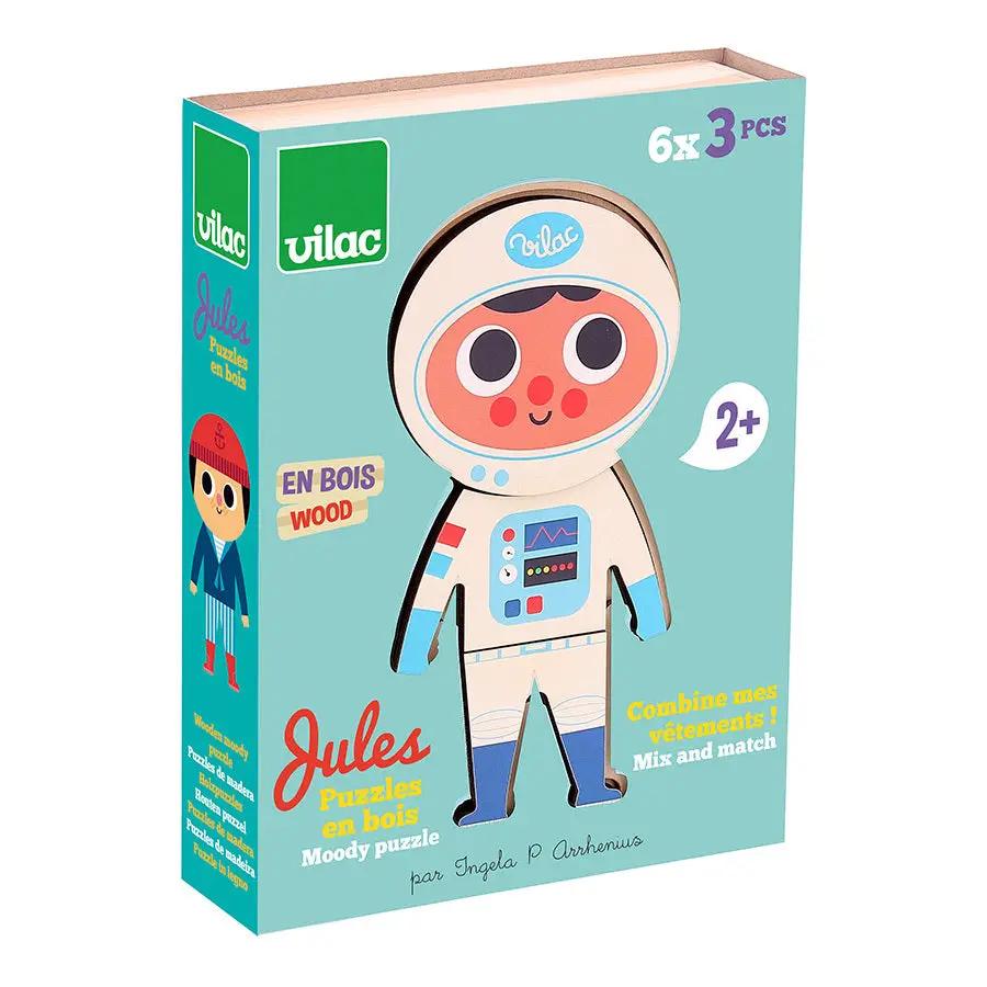 Puzzle en bois Jules à habiller par Vilac, boîte turquoise, 6x3 pièces, 2+, personnage astronautique
