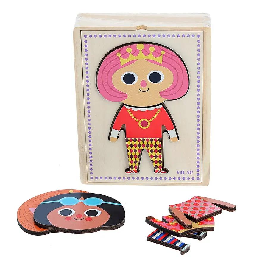 VILAC Jade à habiller wooden dress-up puzzle featuring a princess with crown; includes colorful detachable pieces