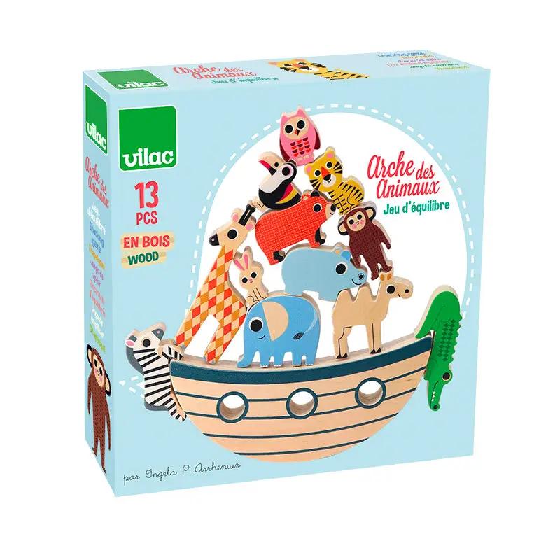 VILAC jeu d'équilibre arche des animaux en bois avec animaux colorés sur un bateau, 13 pièces