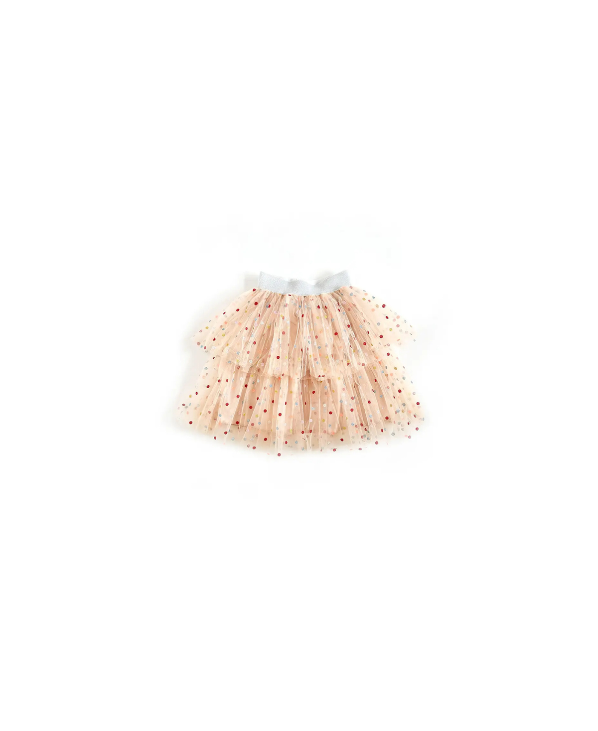 RATATAM jupe colombine à pois multico en tulle pêche; ceinture argentée