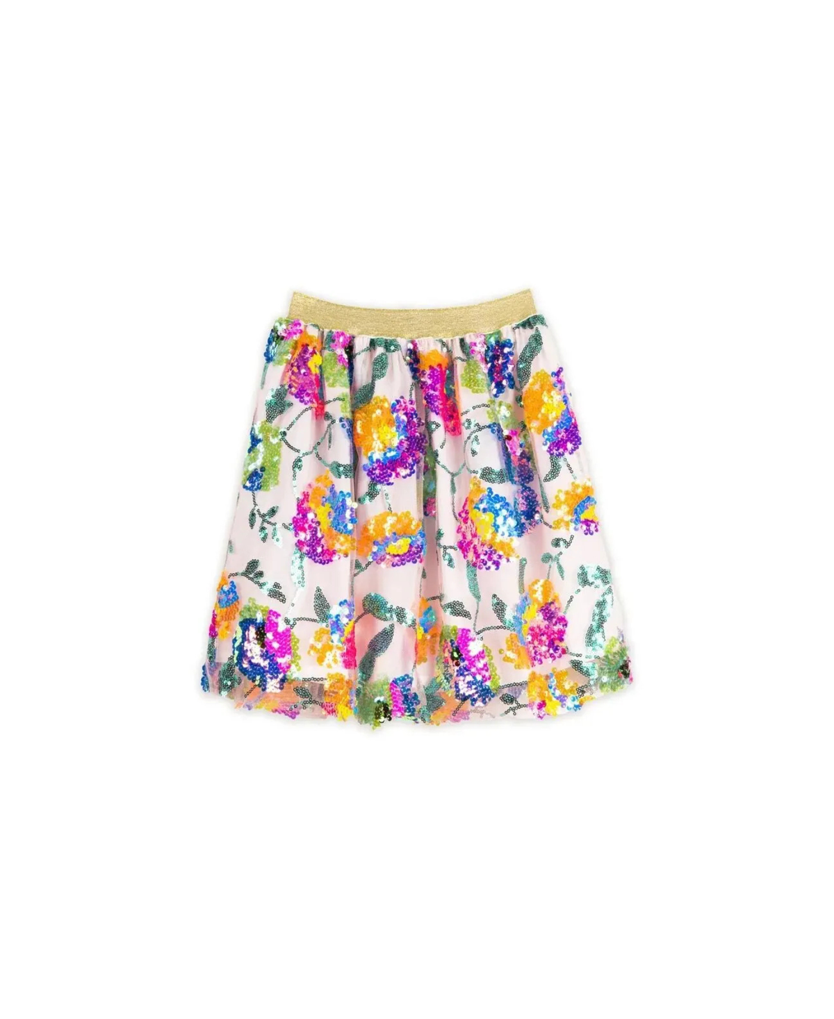 RATATAM jupe paradis by Citron Grenadine; multicolor floral sequin skirt with gold elastic waistband