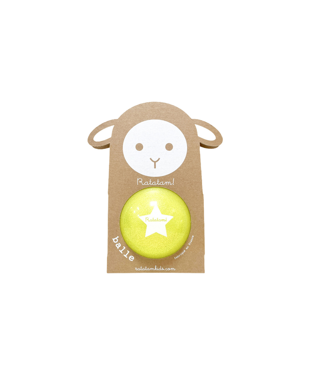 Ballon de plage jaune pailleté avec motif mouton, marque Ratatam, emballage en carton