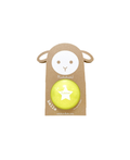 Ballon de plage jaune pailleté avec motif mouton, marque Ratatam, emballage en carton
