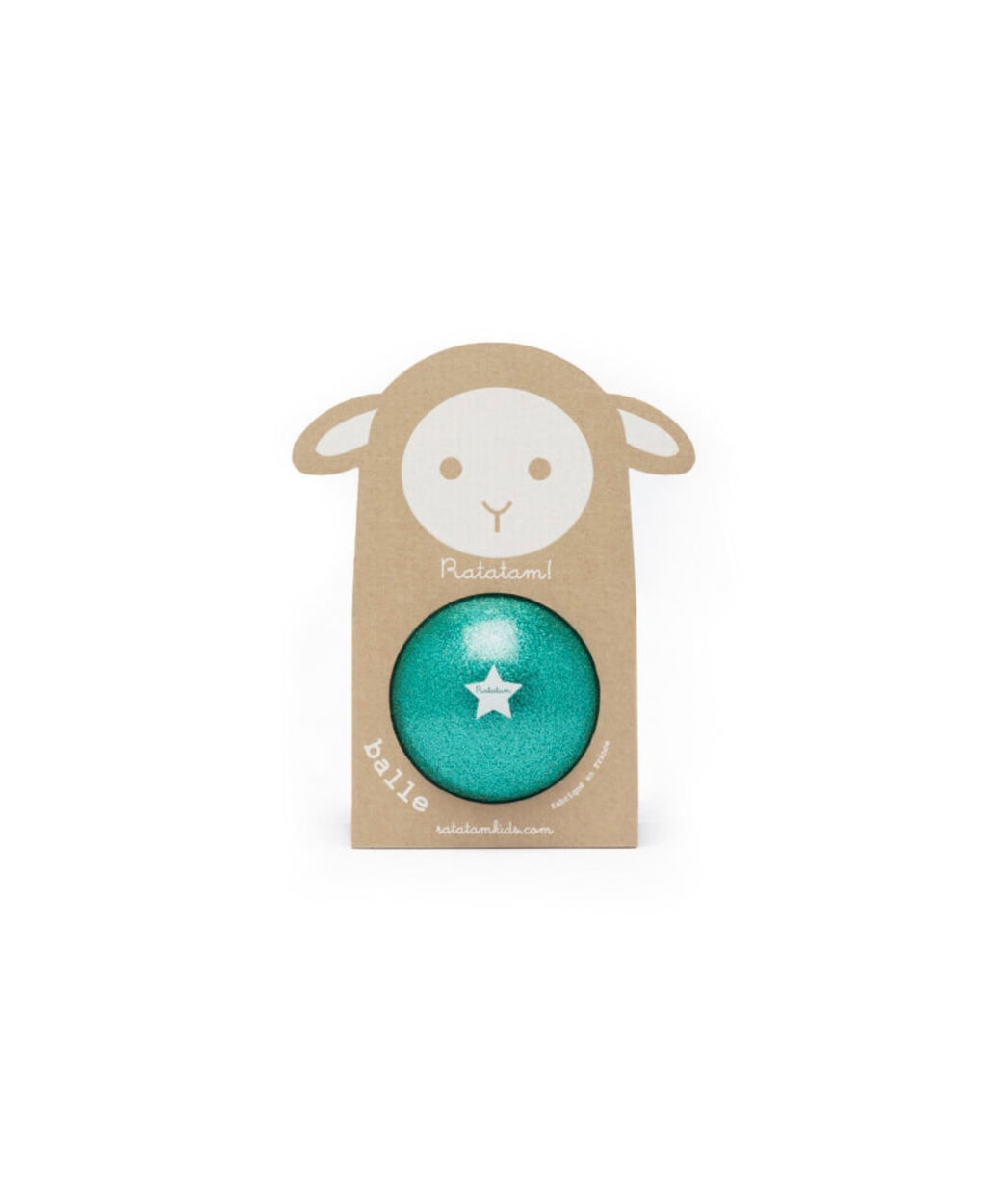 Ballon de plage vert pailleté Ratatam avec motif mouton sur emballage kraft