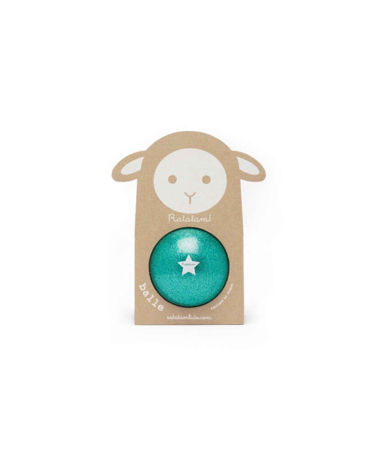 Ballon de plage vert pailleté Ratatam avec motif mouton sur emballage kraft