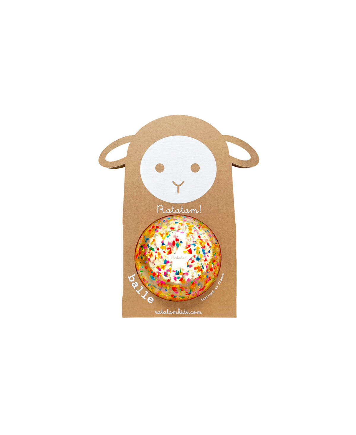 Ballon de plage Ratatam pailleté mouton confetti multico dans emballage kraft avec illustration de mouton