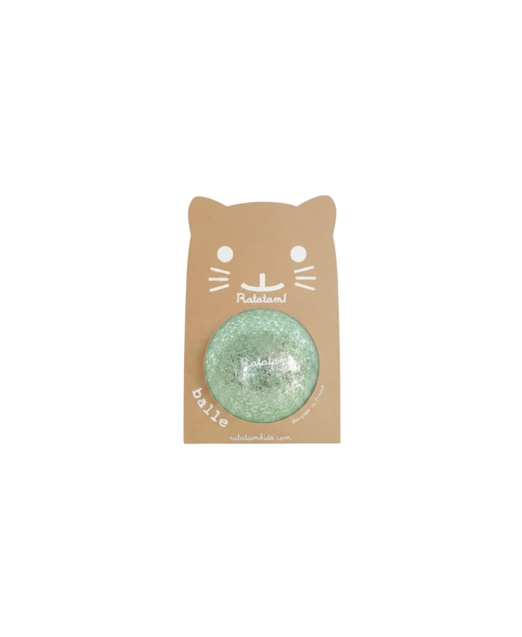 Ratatam balle mini shiny verte sur emballage kraft en forme de tête de chat, jouet de sport