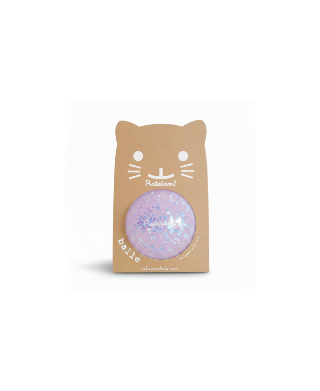 RATATAM balle mini shiny violet dans emballage en carton brun avec visage de chat