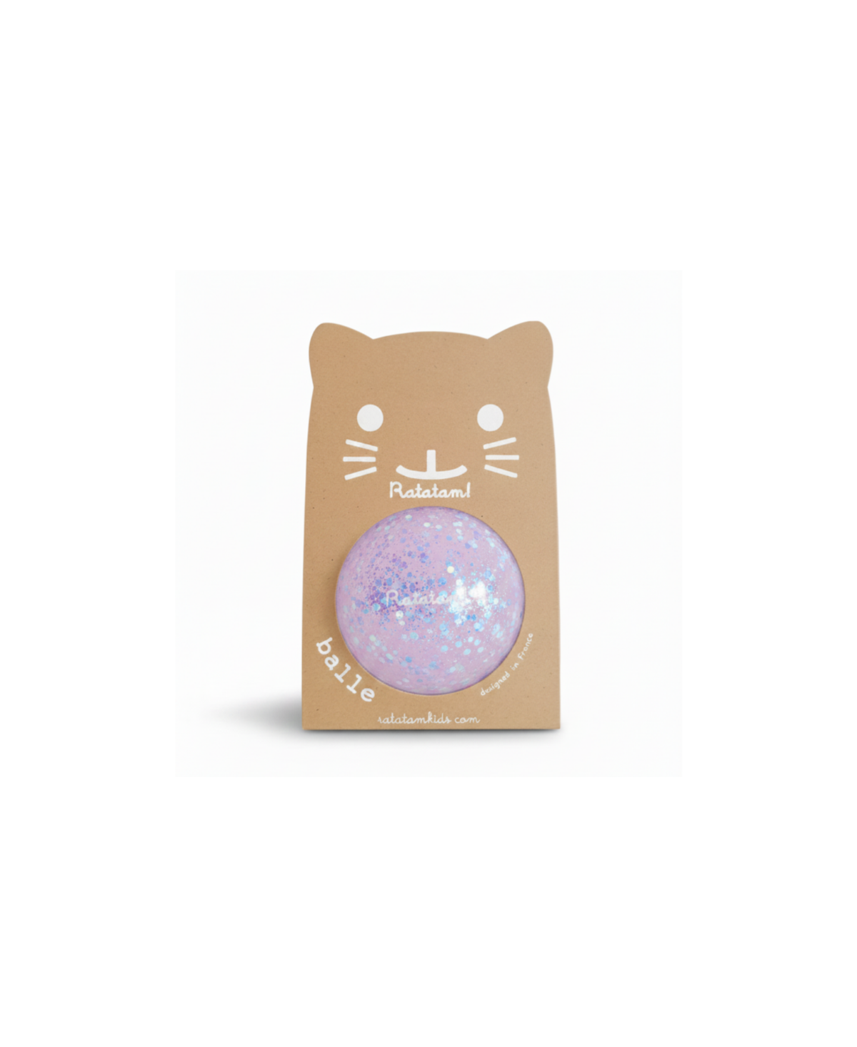 RATATAM balle mini shiny violet dans emballage en carton brun avec visage de chat