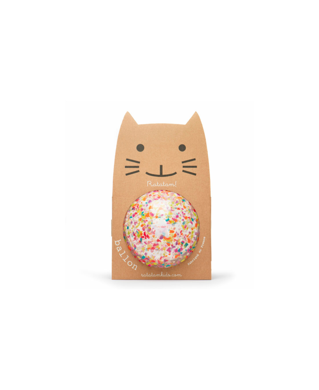 Ballon Ratatam confetti multicolore 22 cm dans emballage carton beige avec visage de chat, Citron Grenadine