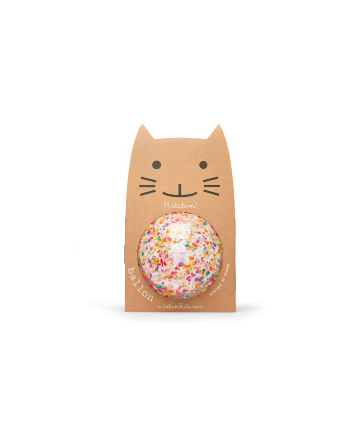 Ballon Ratatam confetti multicolore 22 cm dans emballage carton beige avec visage de chat, Citron Grenadine