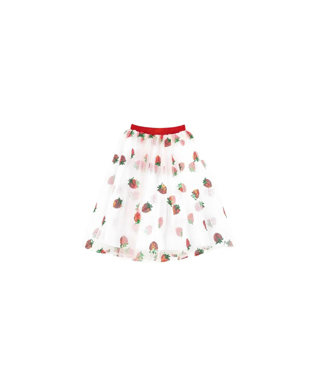 Jupon long en tulle blanc à imprimé fraises rouges; ceinture rouge, Citron Grenadine
