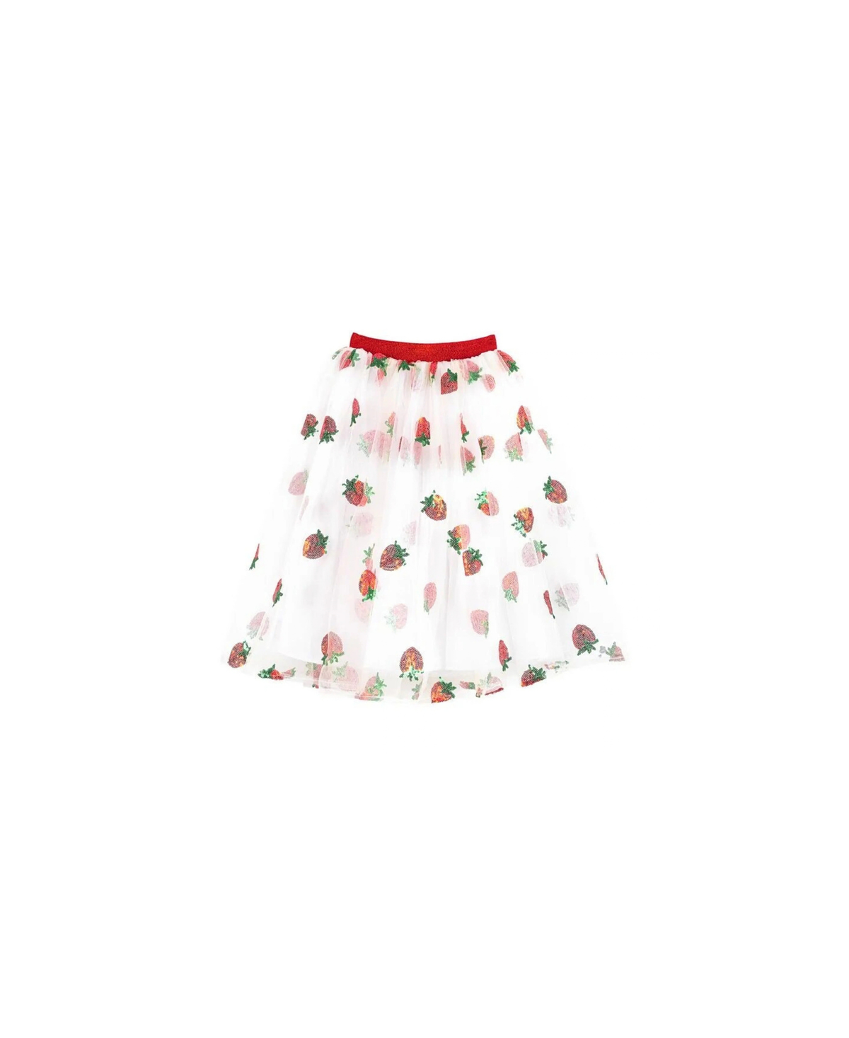 Jupon long en tulle blanc à imprimé fraises rouges; ceinture rouge, Citron Grenadine