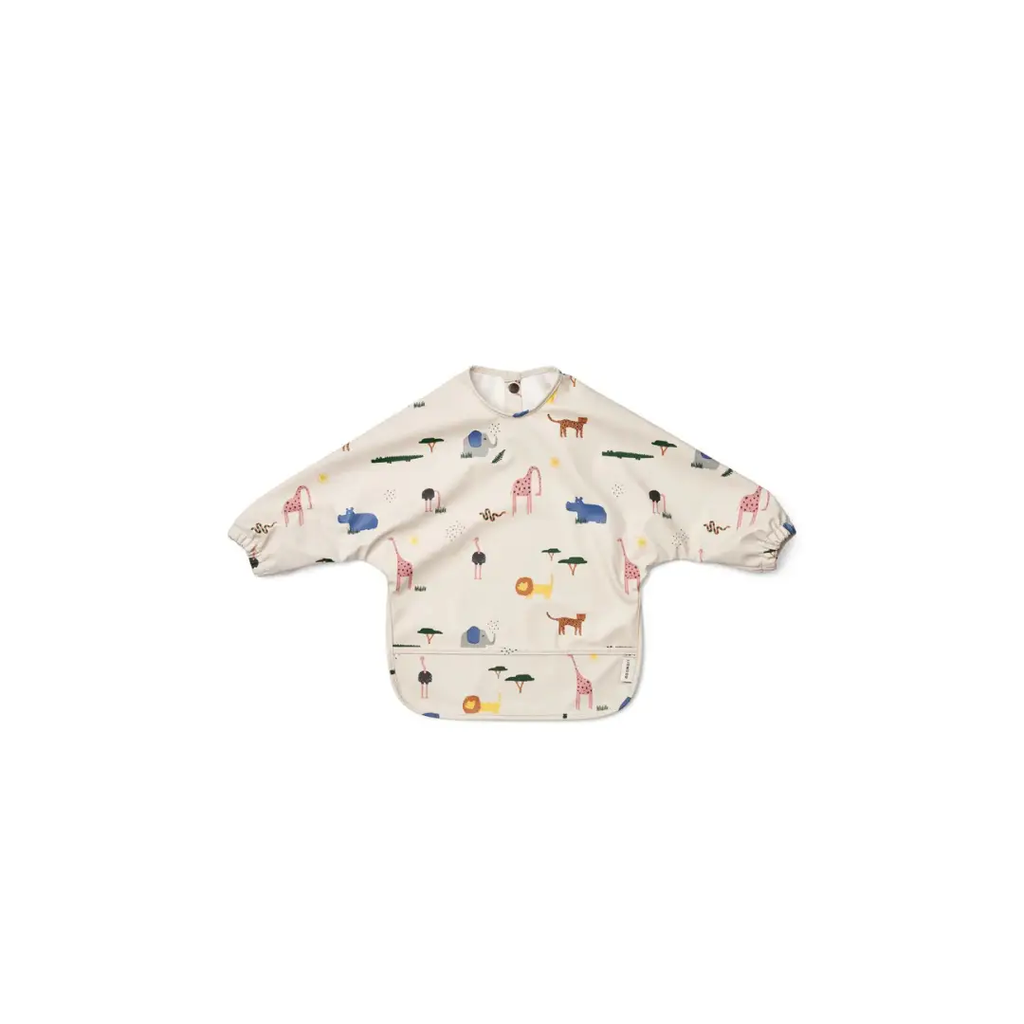 Bib LIEWOOD Merle safari sandy, cream background with playful animal prints