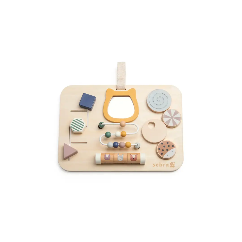 Panneau d'activité en bois SEBRA woodland pour bébé, avec perles colorées et formes variées