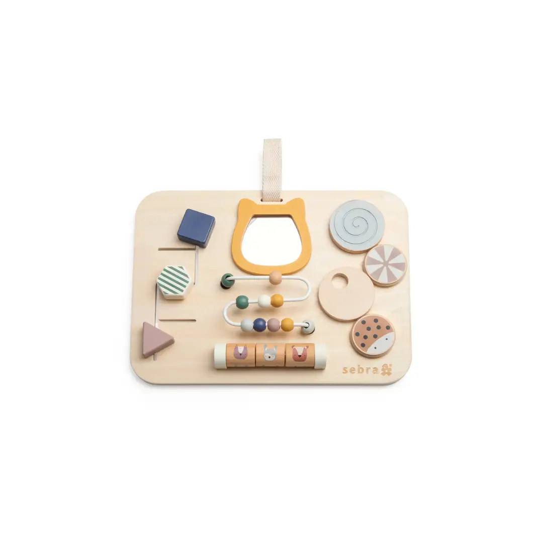 Panneau d'activité en bois SEBRA woodland pour bébé, avec perles colorées et formes variées
