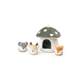 SEBRA mushroom hideout with green cap and white base from Citron Grenadine, includes three plush woodland animals