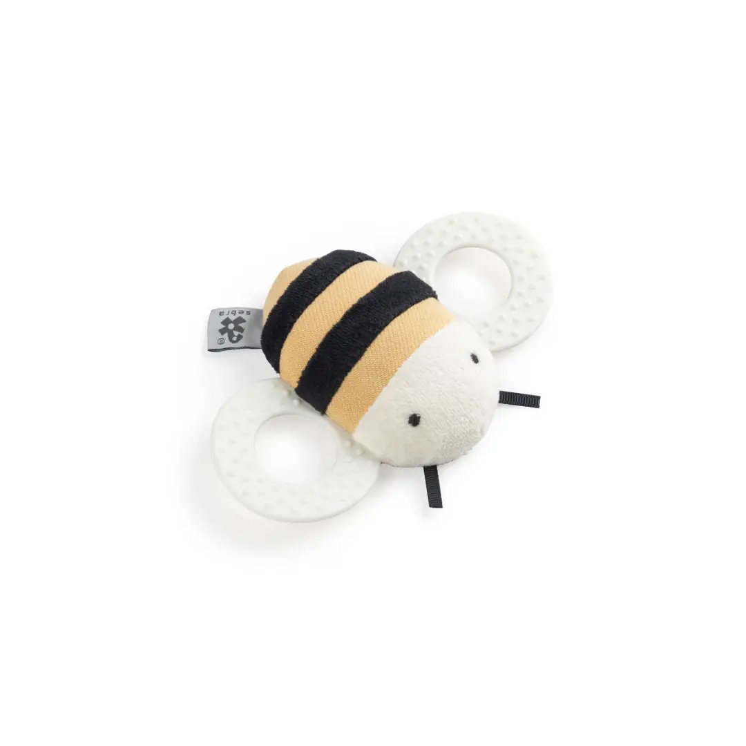SEBRA Billy the Bee rattle with yellow/black striped plush body and white textured teething rings, Citron Grenadine brand