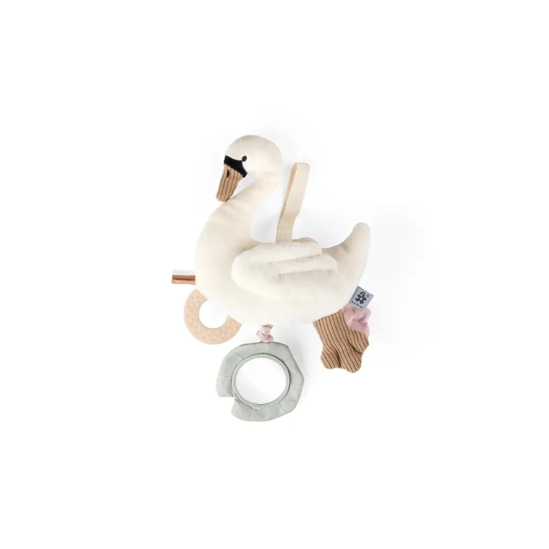 SEBRA hochet d'activité swan en peluche beige avec anneaux de dentition gris et accessoires
