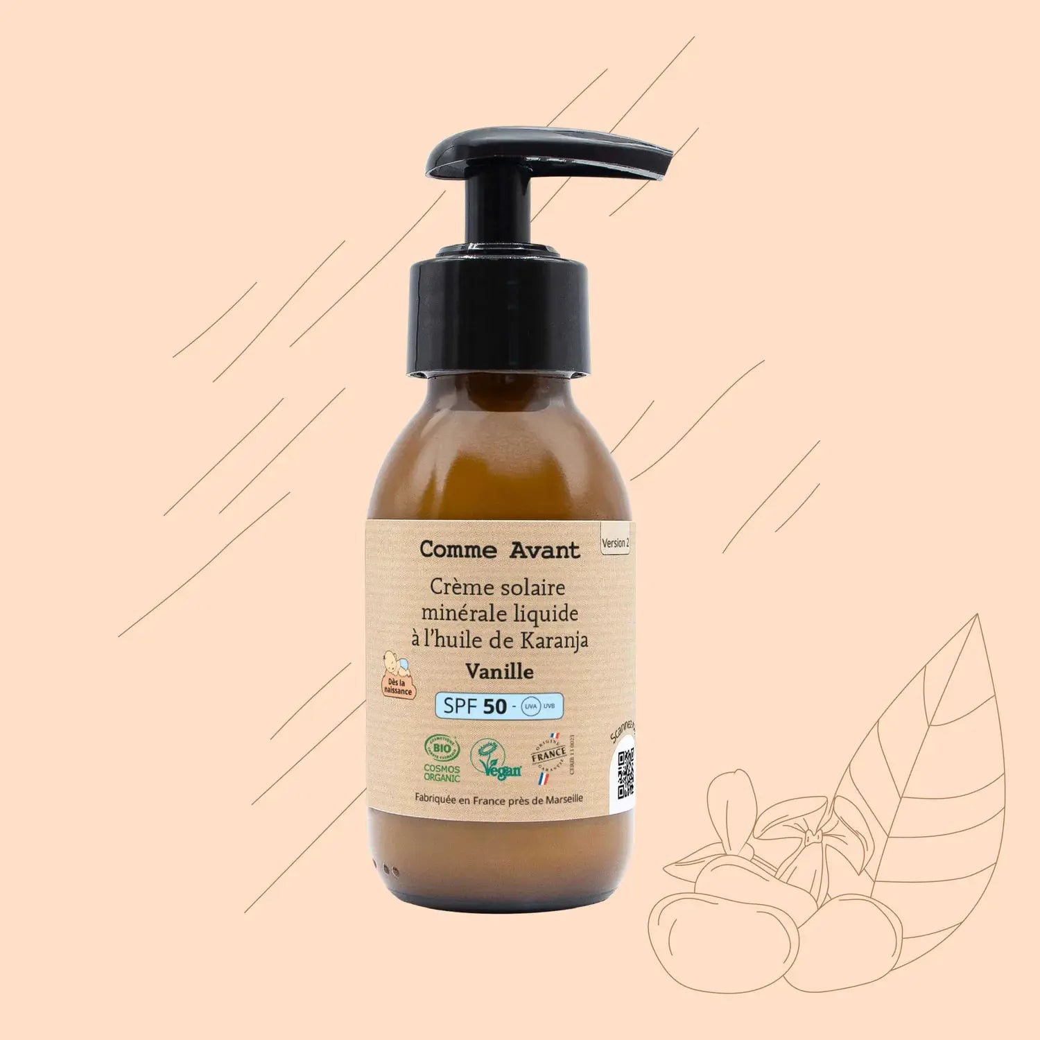 Crème solaire minérale liquide SPF50 de Comme Avant, huile de karanja à vanille, flacon pompe